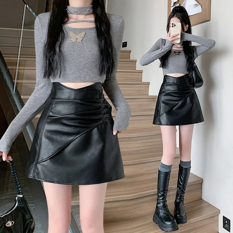 Women Vintage Black Pu Leather Large Size Pleated Short Skirt Autumn Korean Fashion Brown High Waist Slim Sexy Party Mini Skirts