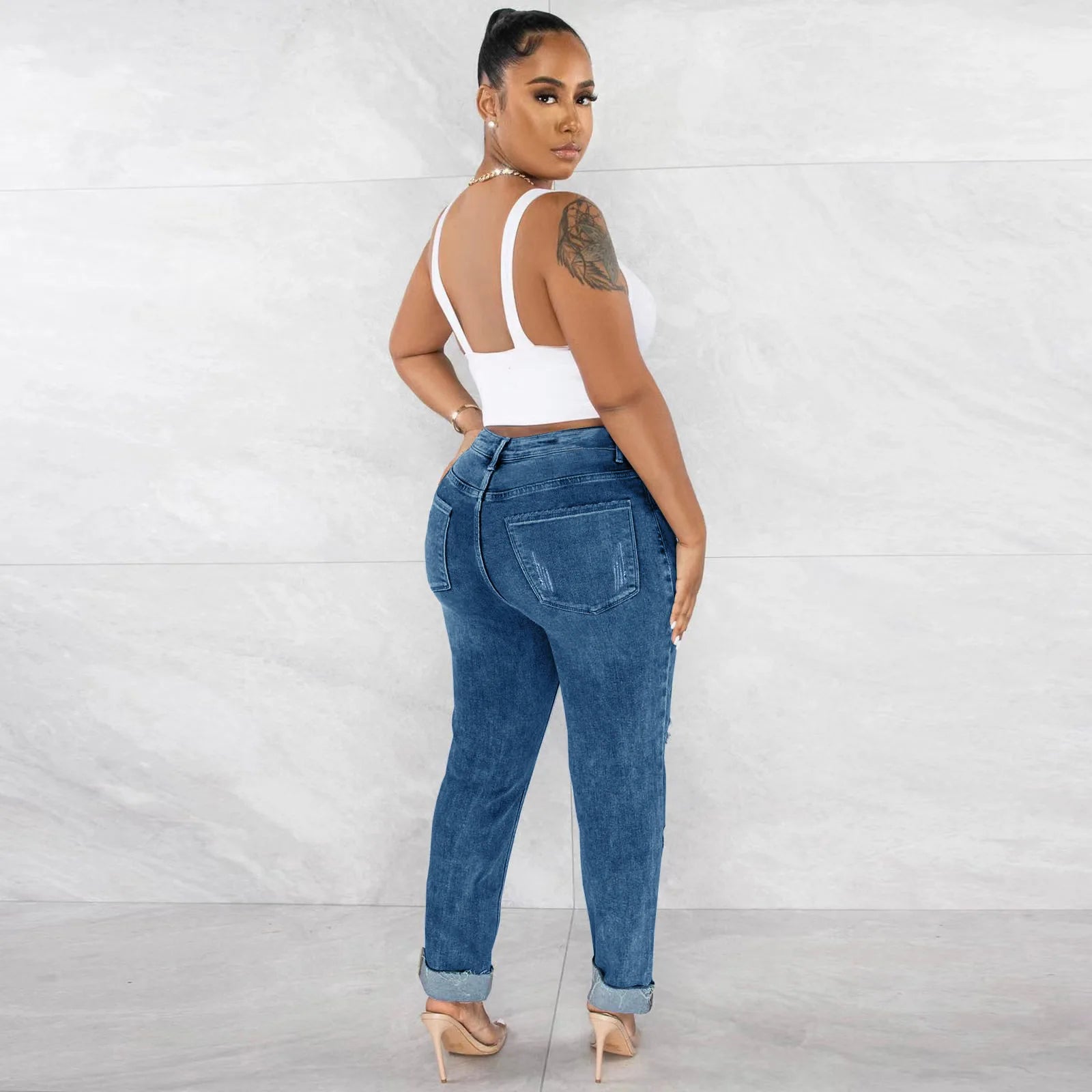 Casual High Waist Ripped Jeans Women 2025 Fashion Slim Skinny Trousers Pants Elegant
