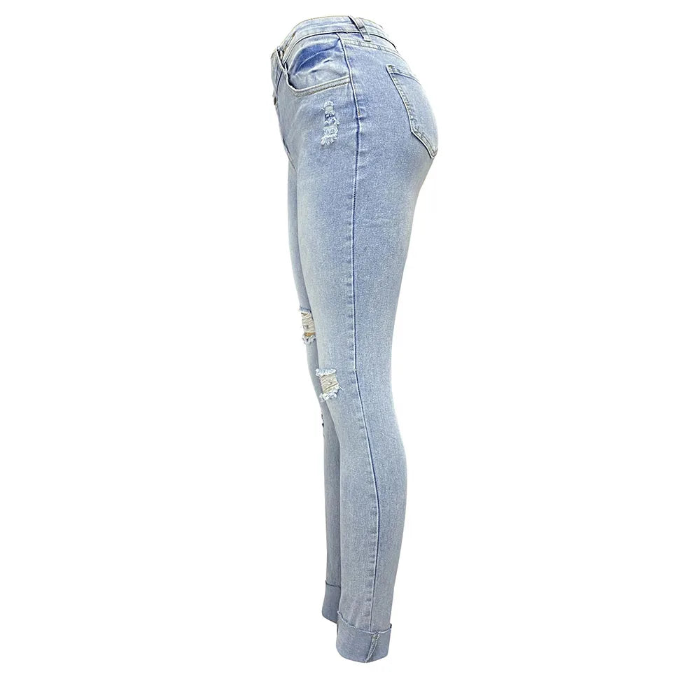 Casual High Waist Ripped Jeans Women 2025 Fashion Slim Skinny Trousers Pants Elegant
