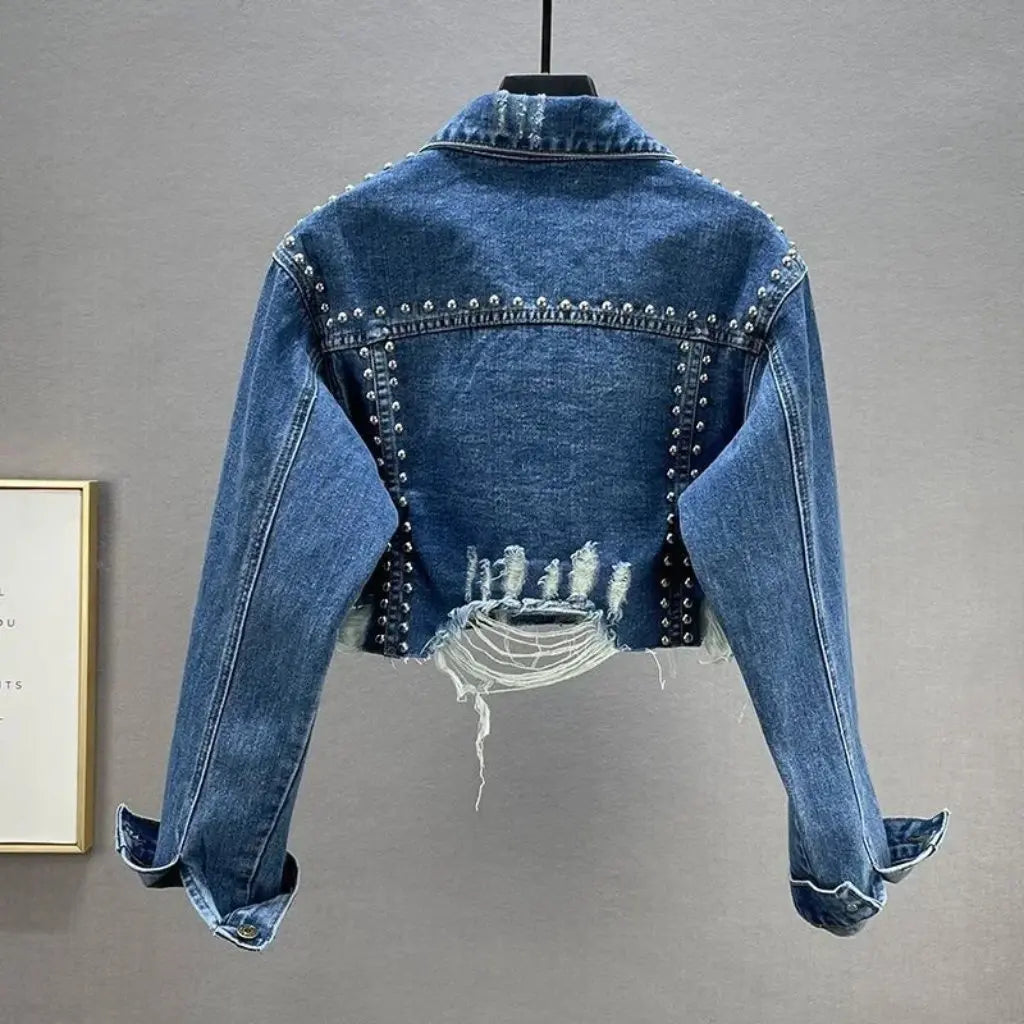 Women's Diamond Beaded Denim Jacket Heavy Industry Rivet Detail Worn Look European Station Fashion Top