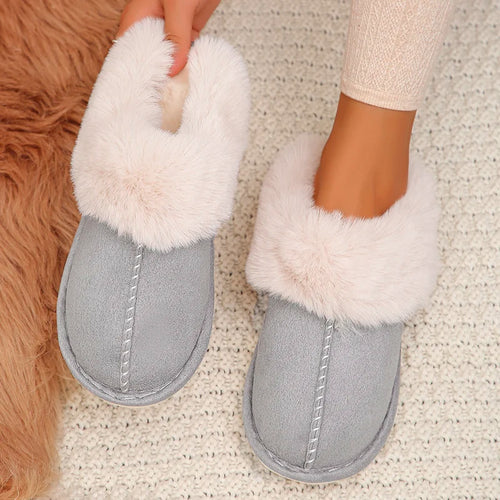 Closed Toe Warm Cotton Slippers Women Faux Fur Thicken Plush Winter