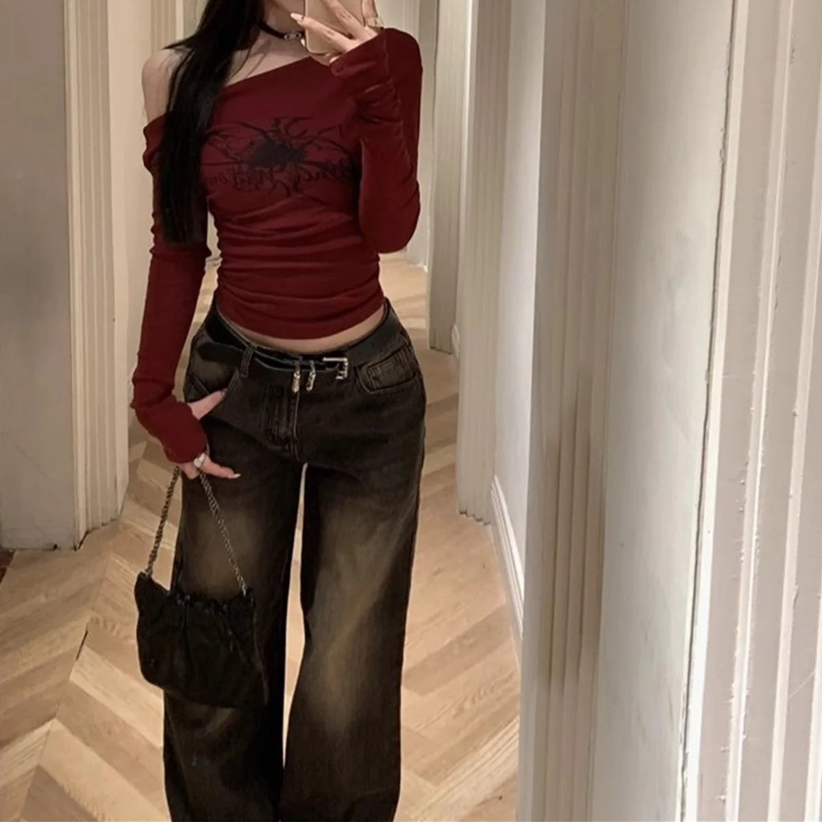 Gothic Print Grunge T-Shirts Women Long Sleeve Off the Shoulders Tops