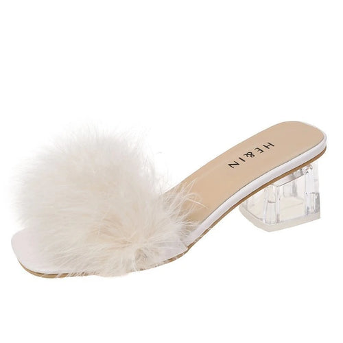 Fashion Slippers Women's Summer New Open Toe Plush Fox Fur Chunky with