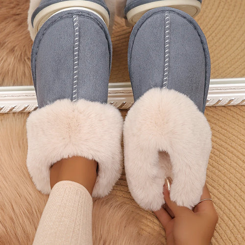 Closed Toe Warm Cotton Slippers Women Faux Fur Thicken Plush Winter
