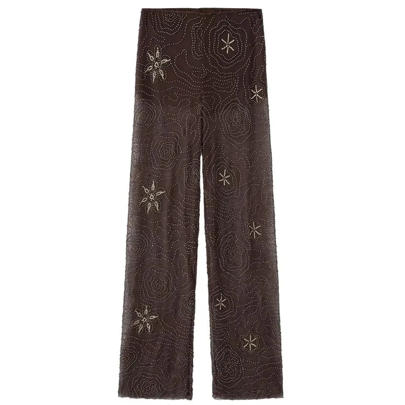 HXAO Women's Pants Spring Summer 2025 Beading Brown Trousers Sequins