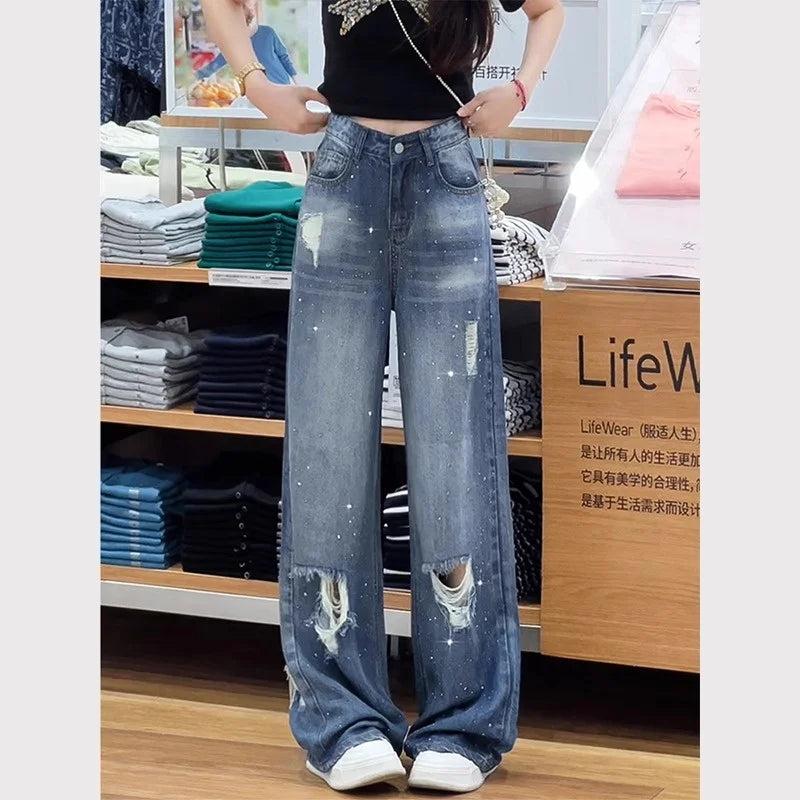 American Trend Irregular Hole Vintage Jeans Women's Distressed Washed Wide Leg Straight Denim Pants 2025 New Trousers
