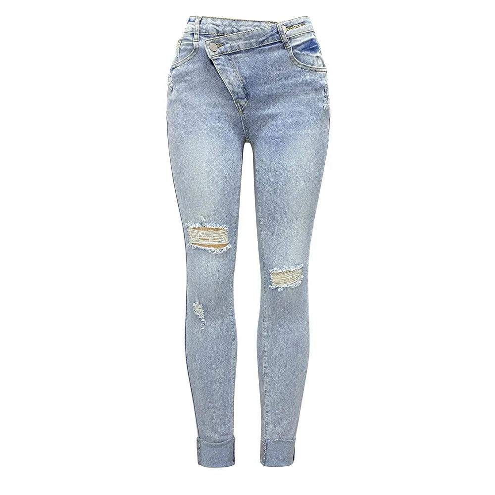 Casual High Waist Ripped Jeans Women 2025 Fashion Slim Skinny Trousers Pants Elegant