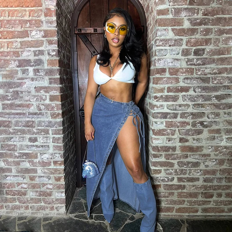 women's fashion corns wear rope clothing side split denim skirt