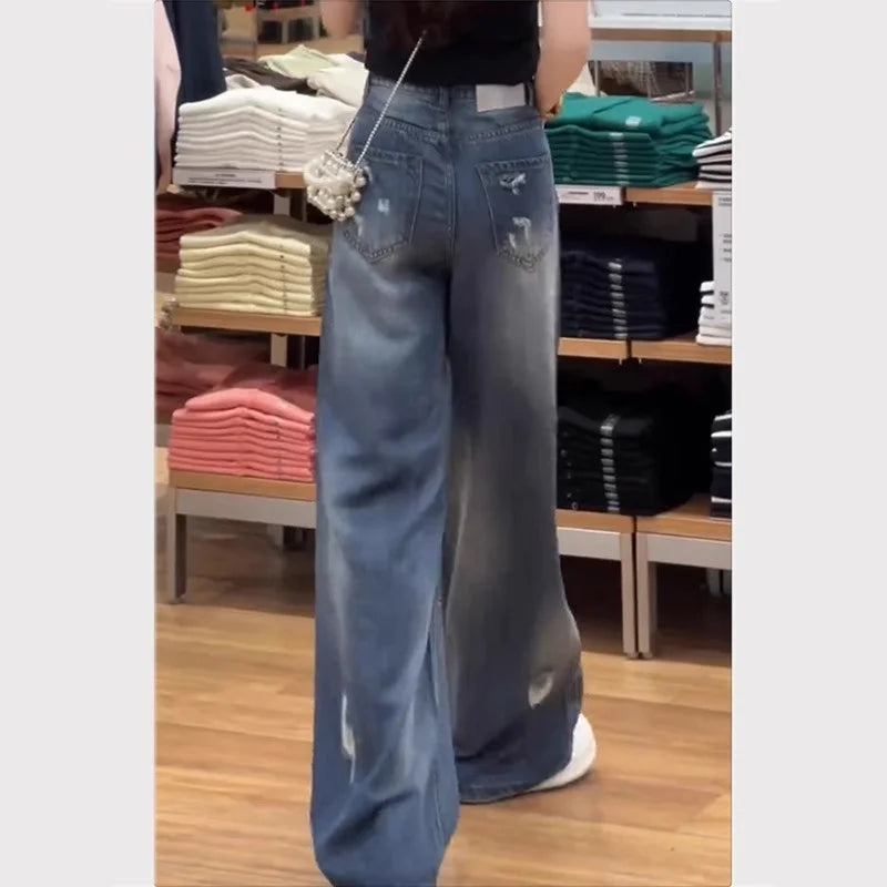 American Trend Irregular Hole Vintage Jeans Women's Distressed Washed Wide Leg Straight Denim Pants 2025 New Trousers