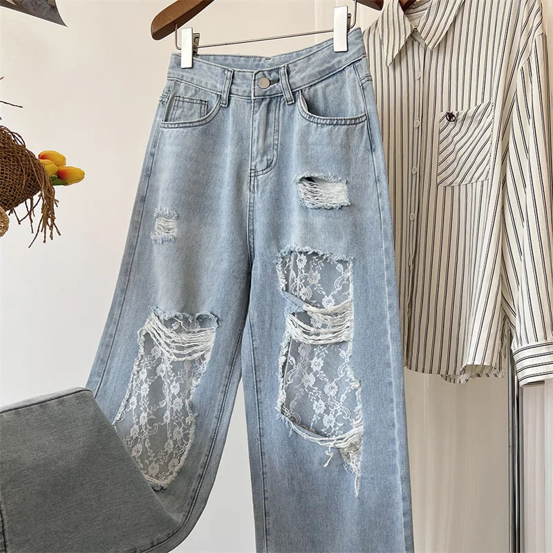 New Casual Jeans American Style Hottie Hole Lace Spliced Jeans for Women Y2k Fashion High Waist Loose Wide Leg Pants
