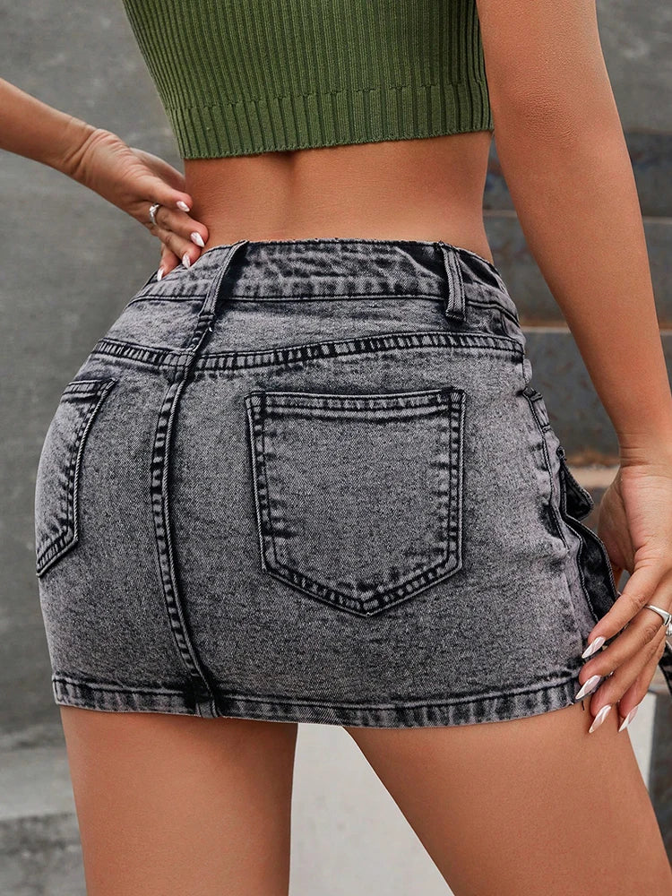 Women's Denim Skirt Summer New Chic Inner Lining Retro Gothic Black Y2K Multi Pocket Stylish Girls Clothing Mini Skirts TC70083