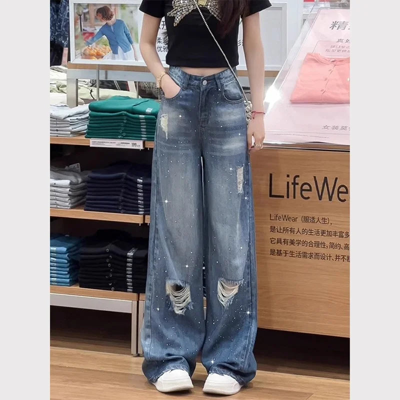 American Trend Irregular Hole Vintage Jeans Women's Distressed Washed Wide Leg Straight Denim Pants 2025 New Trousers