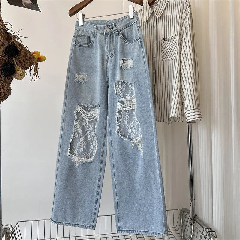 New Casual Jeans American Style Hottie Hole Lace Spliced Jeans for Women Y2k Fashion High Waist Loose Wide Leg Pants