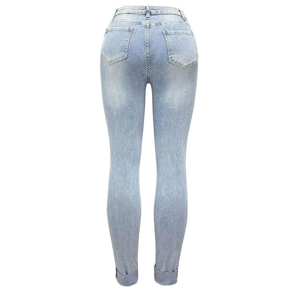 Casual High Waist Ripped Jeans Women 2025 Fashion Slim Skinny Trousers Pants Elegant