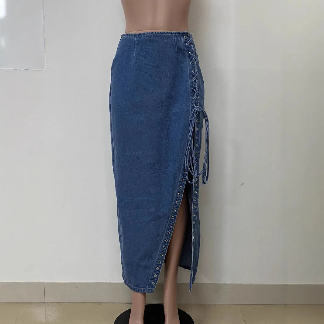 women's fashion corns wear rope clothing side split denim skirt