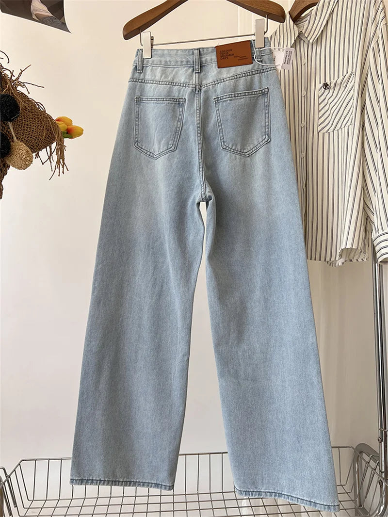 New Casual Jeans American Style Hottie Hole Lace Spliced Jeans for Women Y2k Fashion High Waist Loose Wide Leg Pants