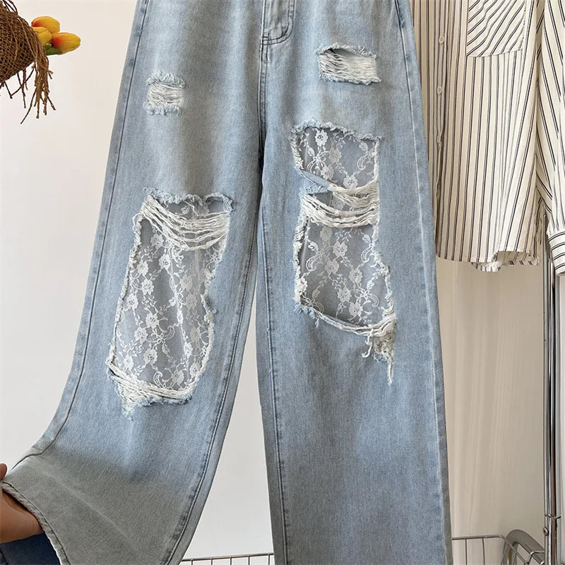 New Casual Jeans American Style Hottie Hole Lace Spliced Jeans for Women Y2k Fashion High Waist Loose Wide Leg Pants
