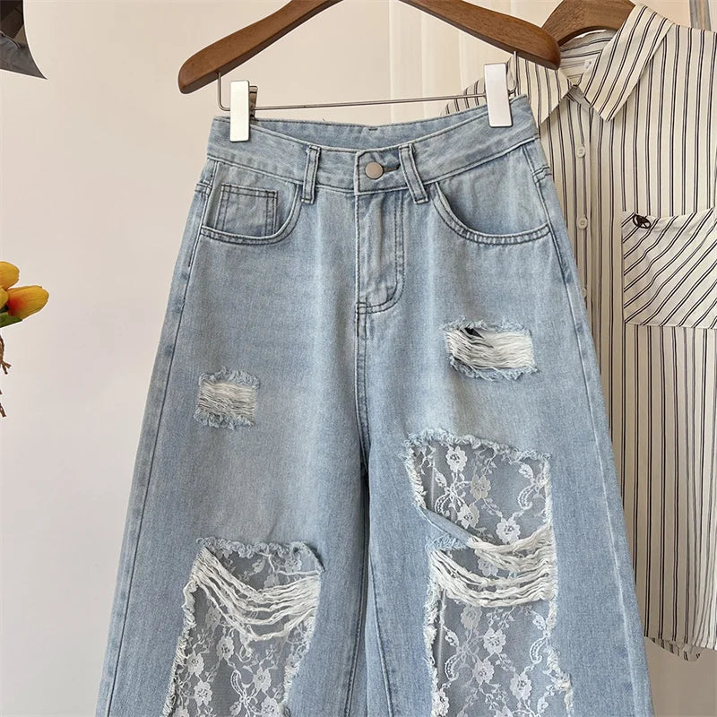 New Casual Jeans American Style Hottie Hole Lace Spliced Jeans for Women Y2k Fashion High Waist Loose Wide Leg Pants