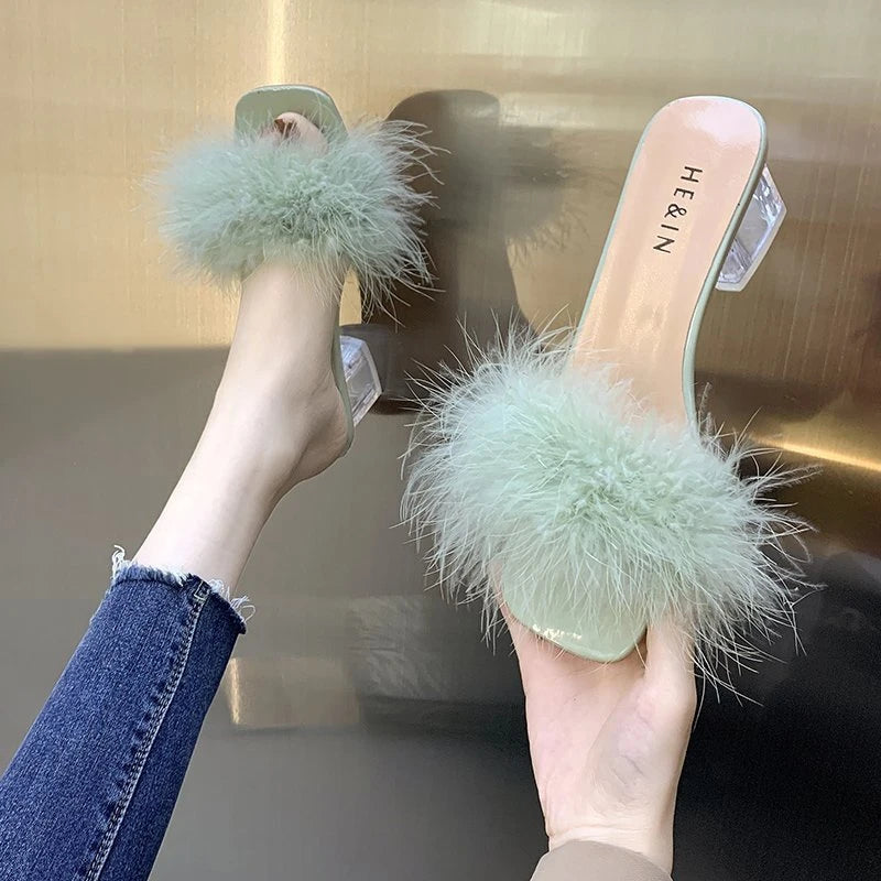 Fashion Slippers Women's Summer New Open Toe Plush Fox Fur Chunky with