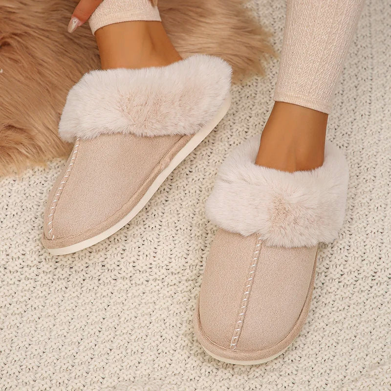 Closed Toe Warm Cotton Slippers Women Faux Fur Thicken Plush Winter