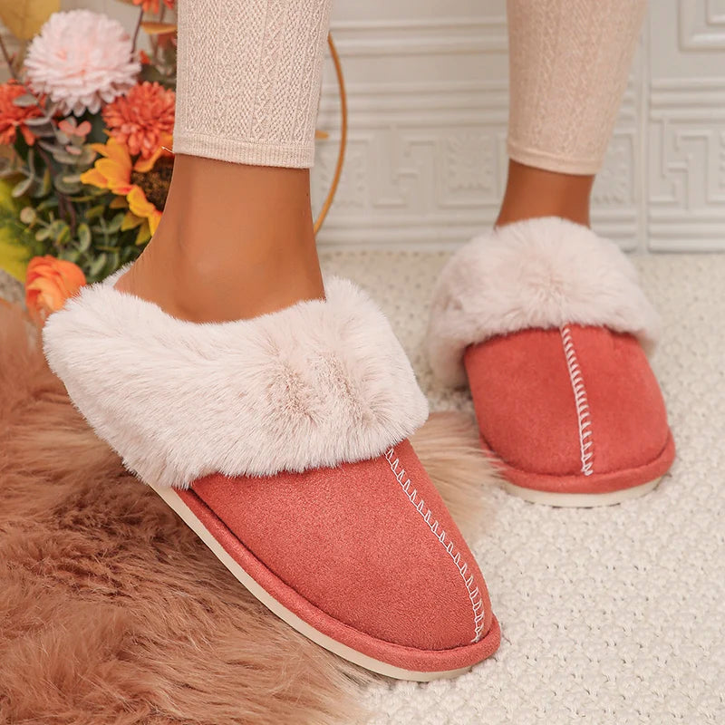 Closed Toe Warm Cotton Slippers Women Faux Fur Thicken Plush Winter