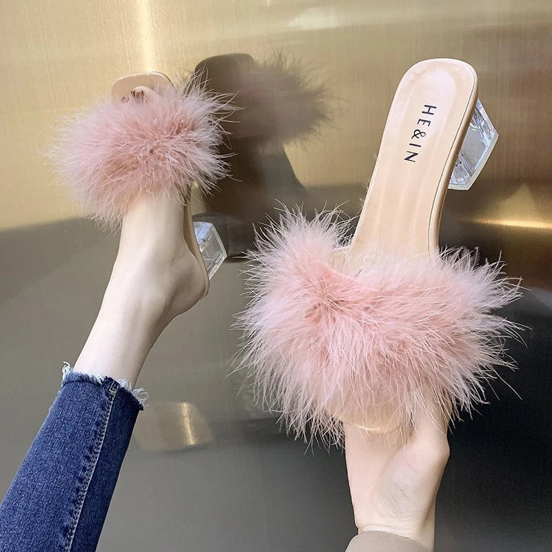 Fashion Slippers Women's Summer New Open Toe Plush Fox Fur Chunky with
