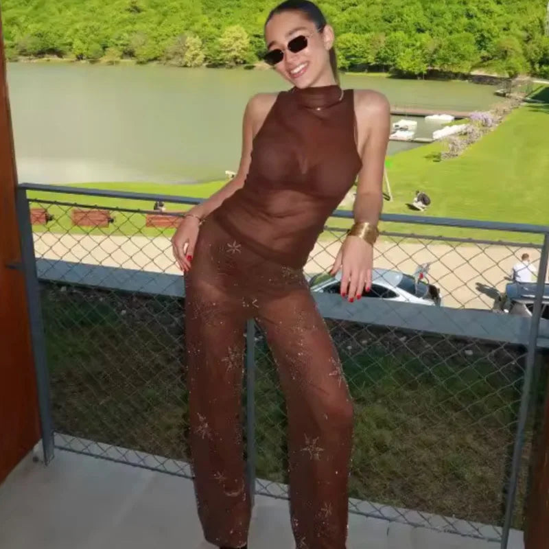 HXAO Women's Pants Spring Summer 2025 Beading Brown Trousers Sequins