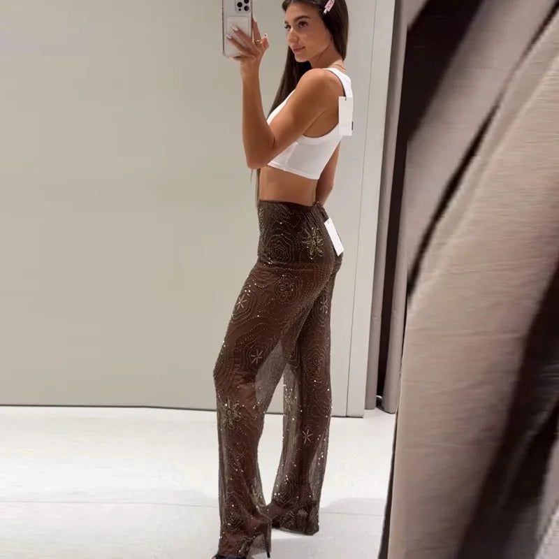 HXAO Women's Pants Spring Summer 2025 Beading Brown Trousers Sequins