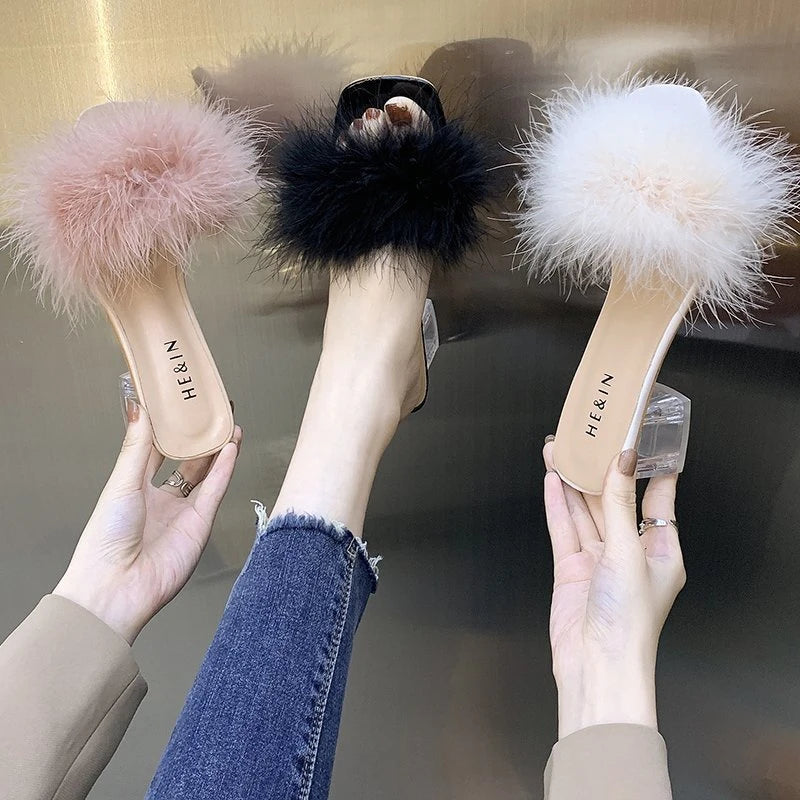 Fashion Slippers Women's Summer New Open Toe Plush Fox Fur Chunky with