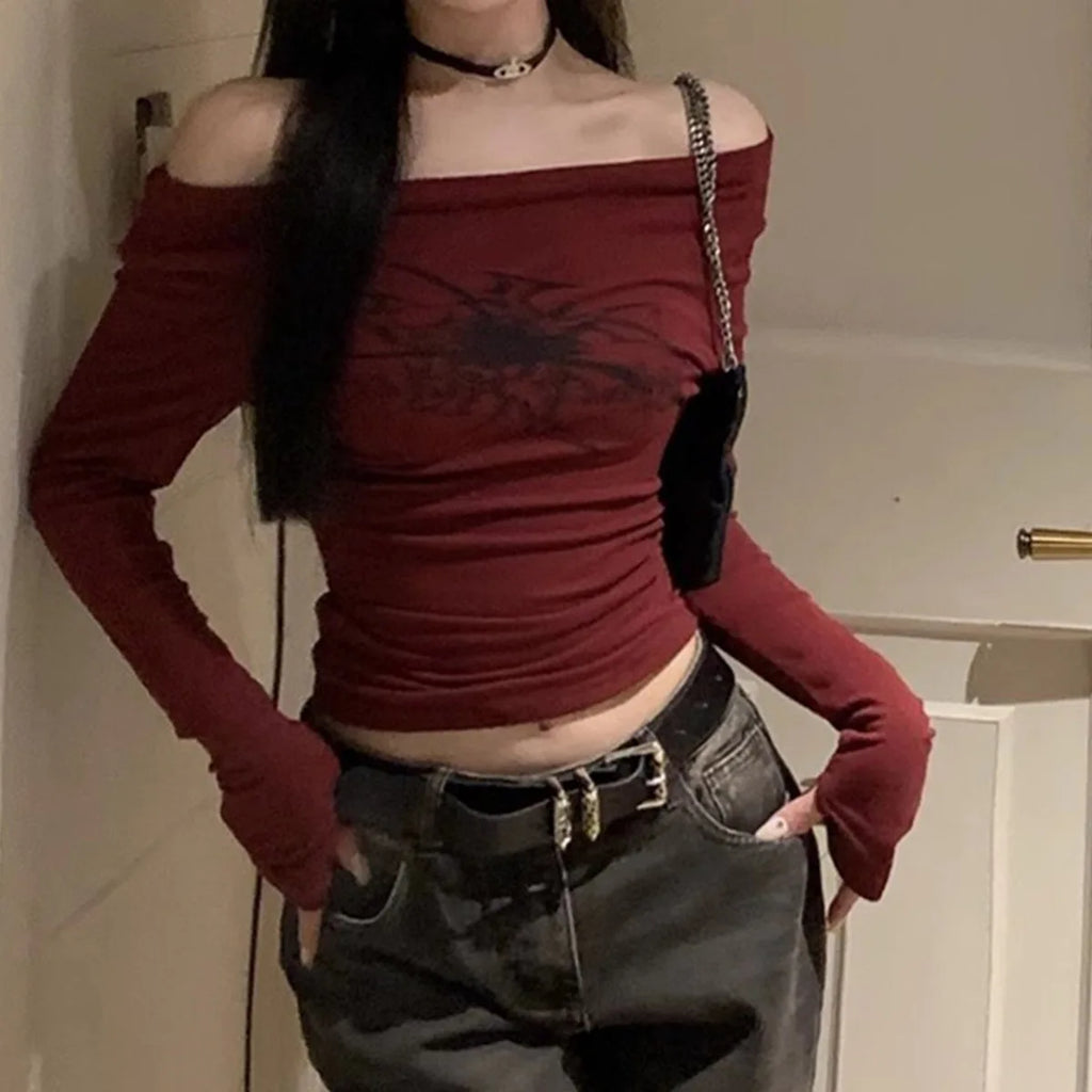 Gothic Print Grunge T-Shirts Women Long Sleeve Off the Shoulders Tops