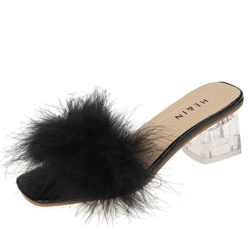 Fashion Slippers Women's Summer New Open Toe Plush Fox Fur Chunky with