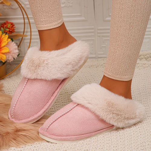 Closed Toe Warm Cotton Slippers Women Faux Fur Thicken Plush Winter