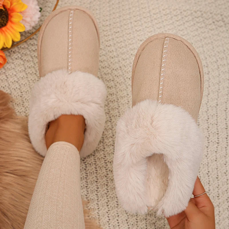 Closed Toe Warm Cotton Slippers Women Faux Fur Thicken Plush Winter