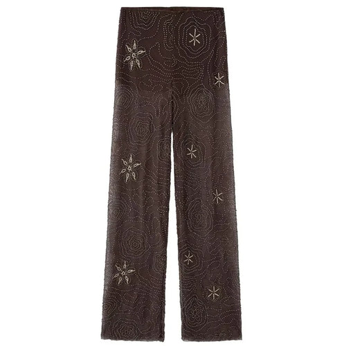 HXAO Women's Pants Spring Summer 2025 Beading Brown Trousers Sequins
