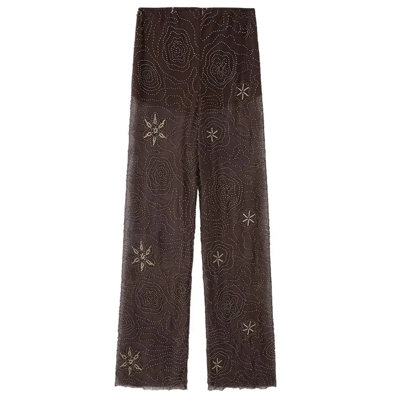 HXAO Women's Pants Spring Summer 2025 Beading Brown Trousers Sequins