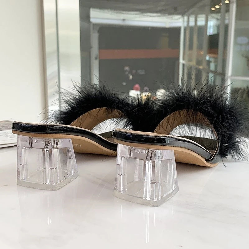 Fashion Slippers Women's Summer New Open Toe Plush Fox Fur Chunky with