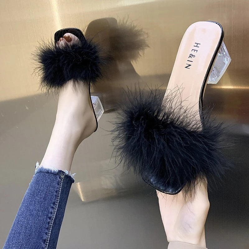 Fashion Slippers Women's Summer New Open Toe Plush Fox Fur Chunky with