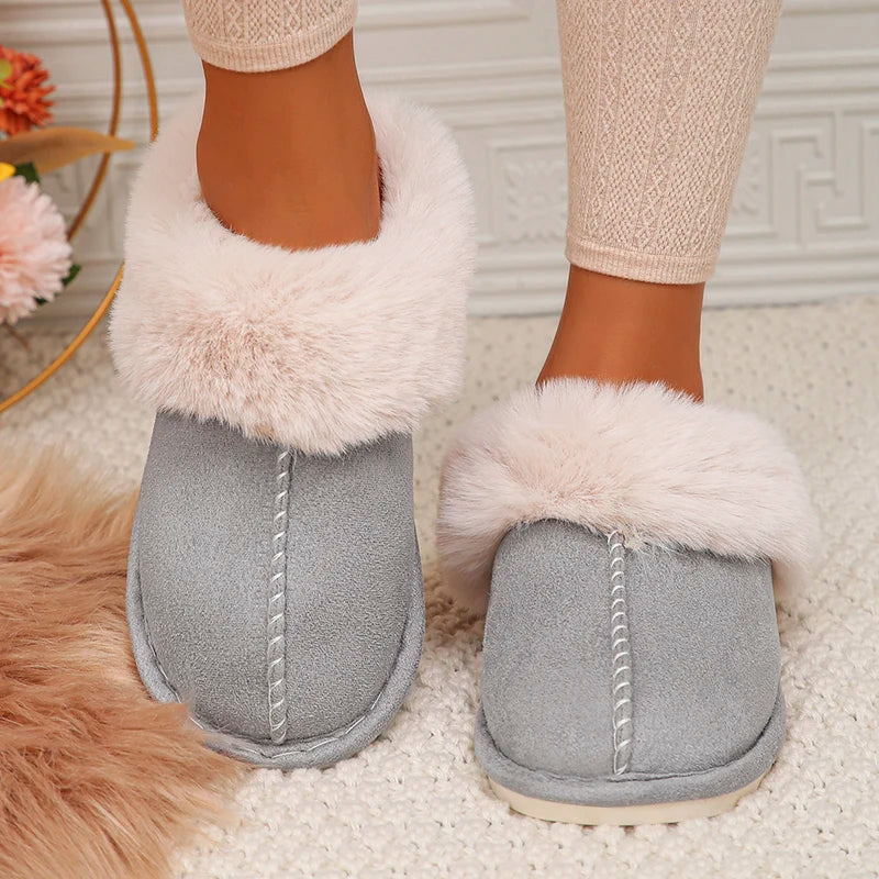 Closed Toe Warm Cotton Slippers Women Faux Fur Thicken Plush Winter