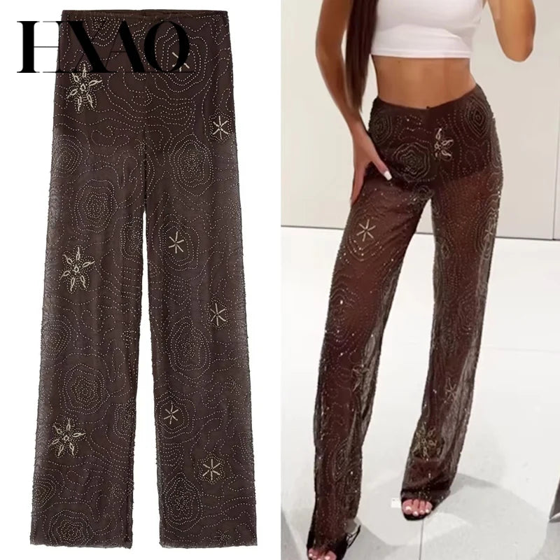 HXAO Women's Pants Spring Summer 2025 Beading Brown Trousers Sequins