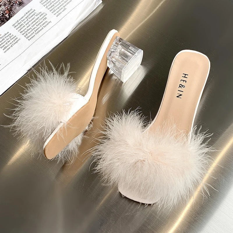 Fashion Slippers Women's Summer New Open Toe Plush Fox Fur Chunky with