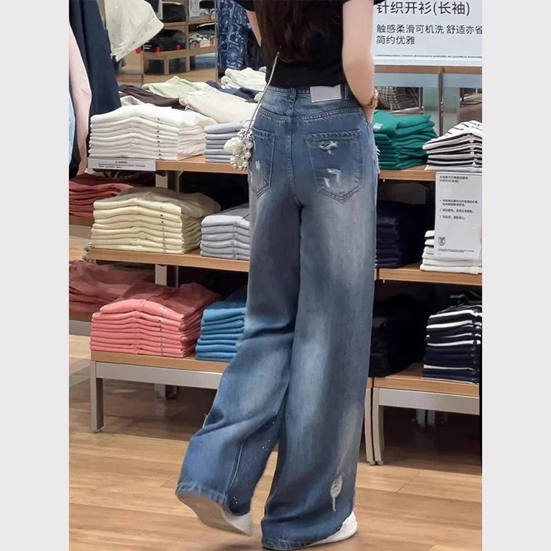 American Trend Irregular Hole Vintage Jeans Women's Distressed Washed Wide Leg Straight Denim Pants 2025 New Trousers