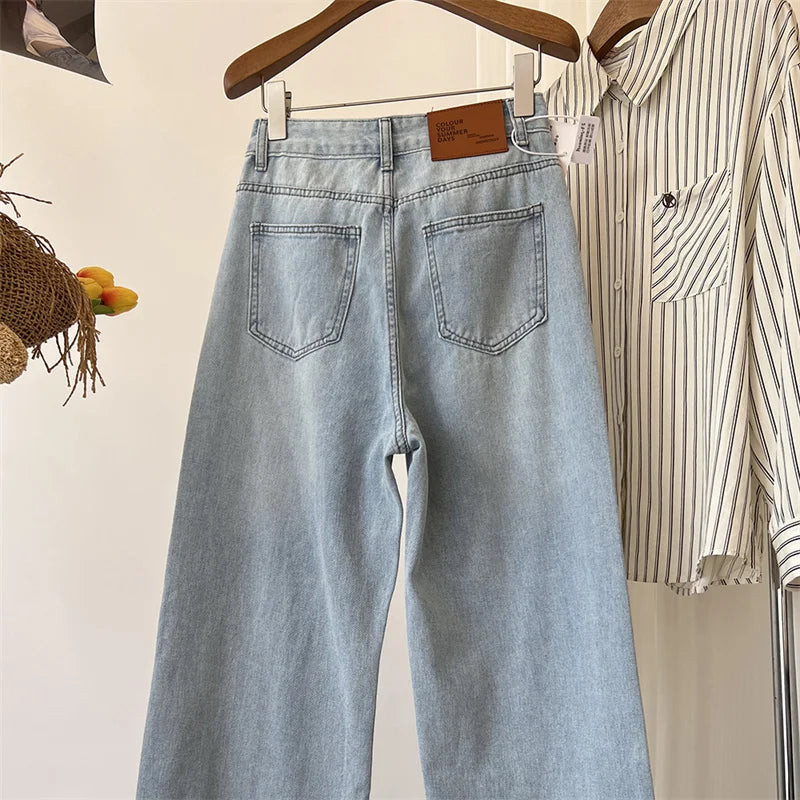 New Casual Jeans American Style Hottie Hole Lace Spliced Jeans for Women Y2k Fashion High Waist Loose Wide Leg Pants