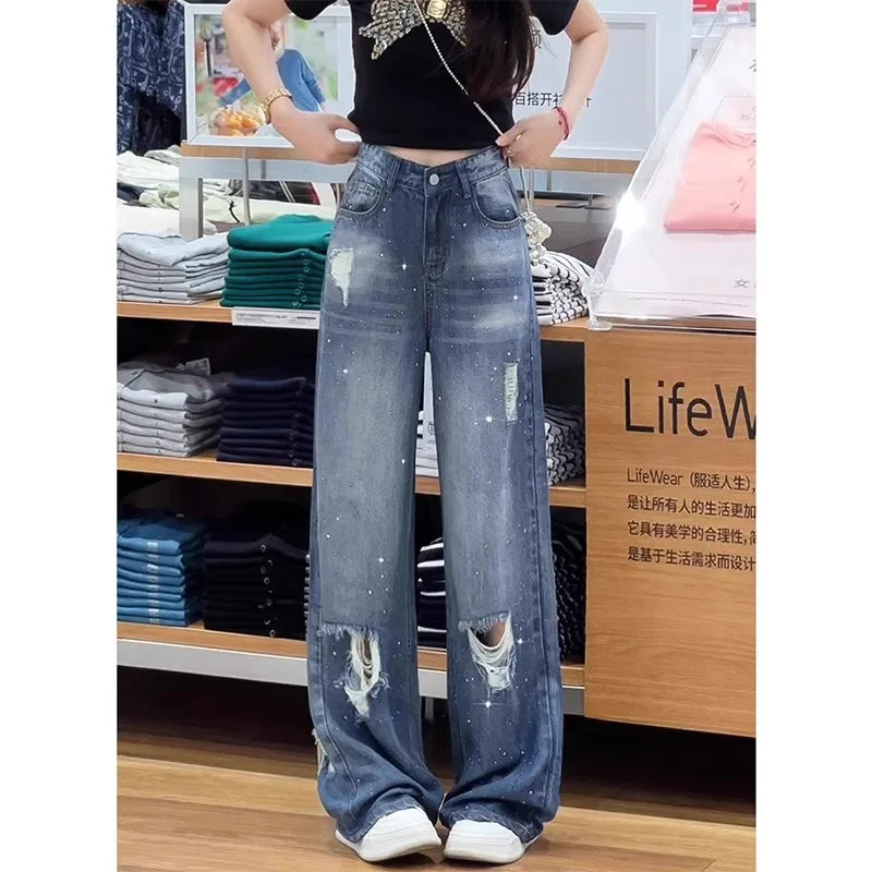 American Trend Irregular Hole Vintage Jeans Women's Distressed Washed Wide Leg Straight Denim Pants 2025 New Trousers