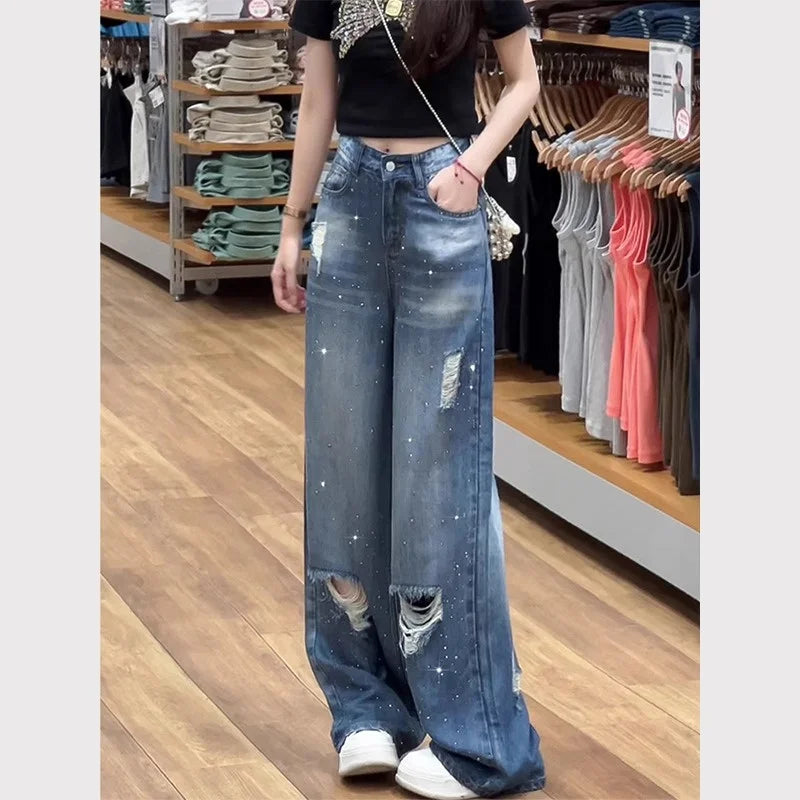 American Trend Irregular Hole Vintage Jeans Women's Distressed Washed Wide Leg Straight Denim Pants 2025 New Trousers