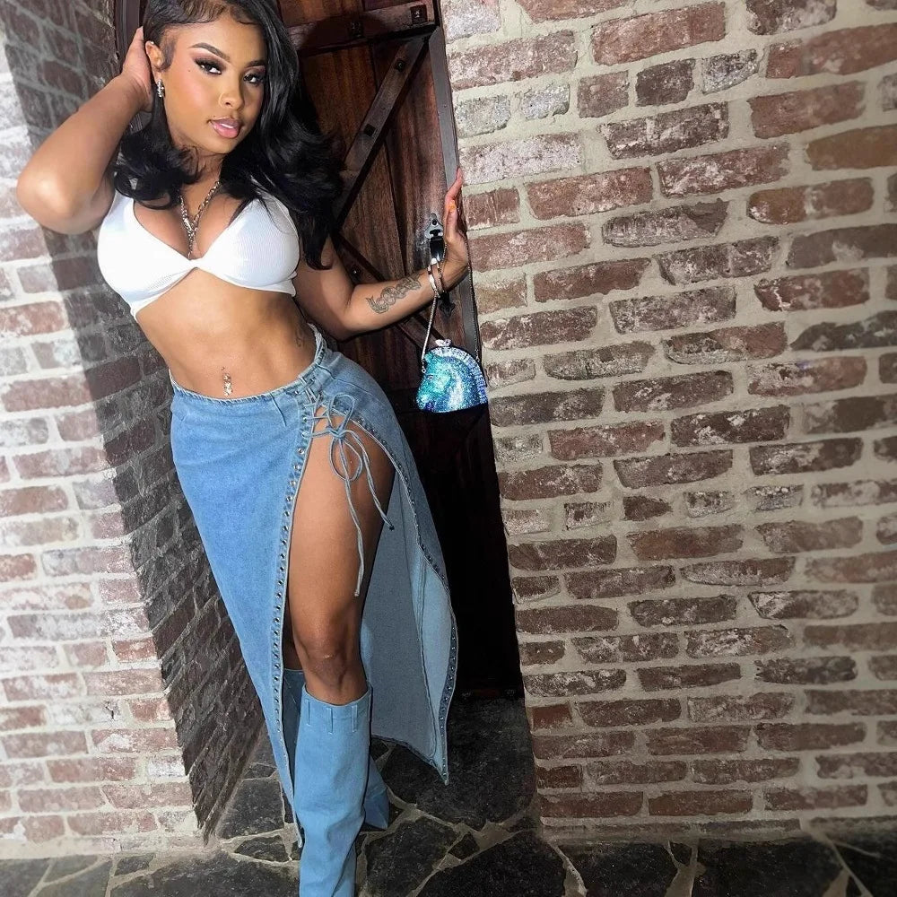 women's fashion corns wear rope clothing side split denim skirt