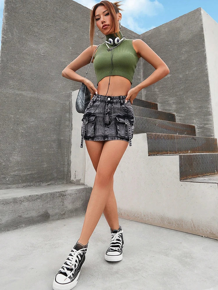 Women's Denim Skirt Summer New Chic Inner Lining Retro Gothic Black Y2K Multi Pocket Stylish Girls Clothing Mini Skirts TC70083