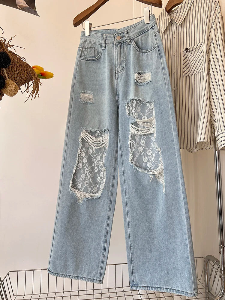 New Casual Jeans American Style Hottie Hole Lace Spliced Jeans for Women Y2k Fashion High Waist Loose Wide Leg Pants
