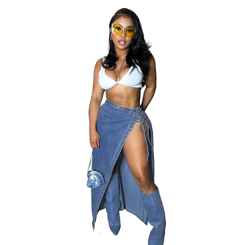 women's fashion corns wear rope clothing side split denim skirt